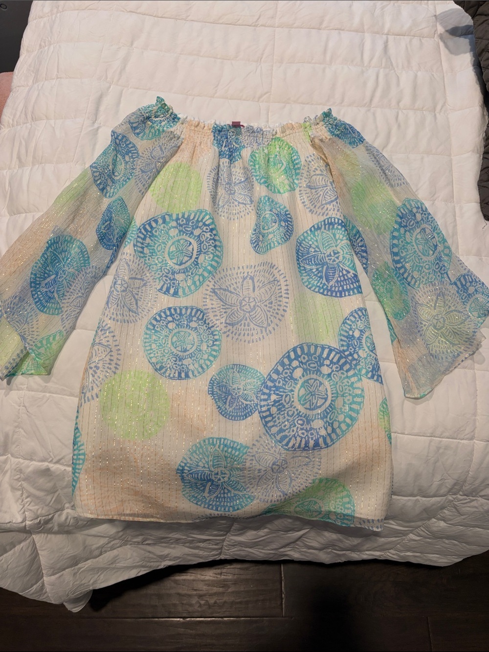Lilly Pulitzer Off-Shoulder Dress in Blue, Green & Cream Medallion Print